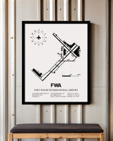 Framed Detailed Airport Map of Fort Wayne International Airport (FWA) in White with a Black Frame