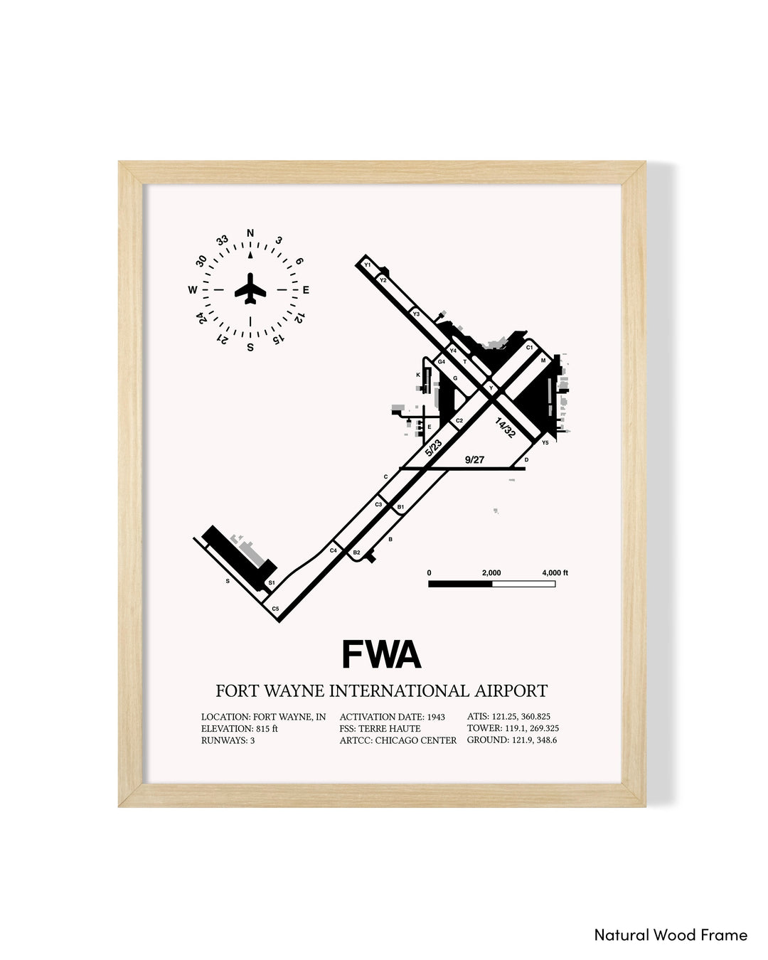 Detailed Airport Map of Fort Wayne International Airport (FWA) in White with a Natural Frame