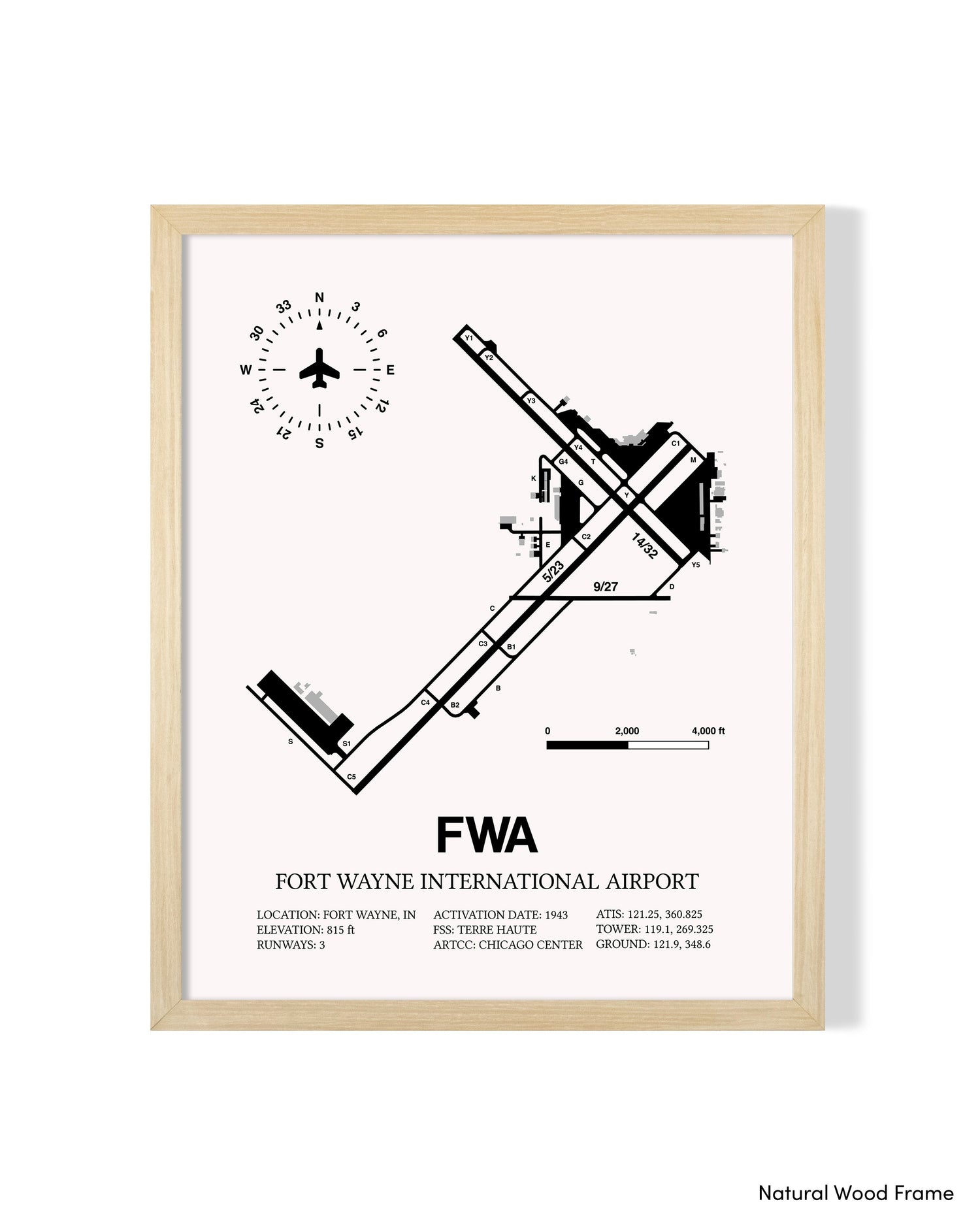 Detailed Airport Map of Fort Wayne International Airport (FWA) in White with a Natural Frame
