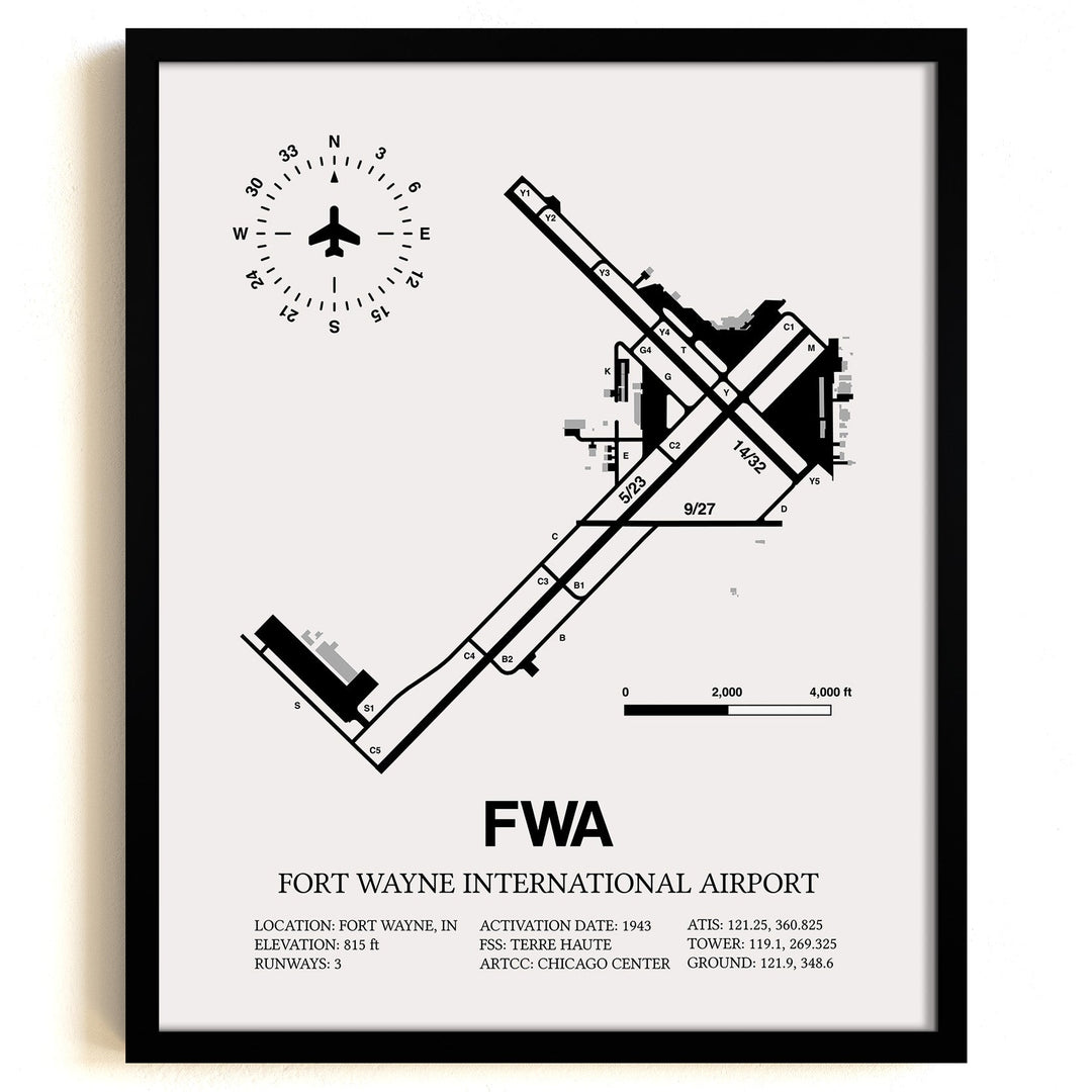 Framed Detailed Airport Map of Fort Wayne International Airport (FWA) in White with a Black Frame