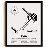 Framed Detailed Airport Map of Fort Wayne International Airport (FWA) in White with a Black Frame