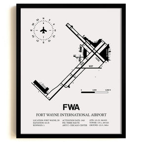 Framed Detailed Airport Map of Fort Wayne International Airport (FWA) in White with a Black Frame
