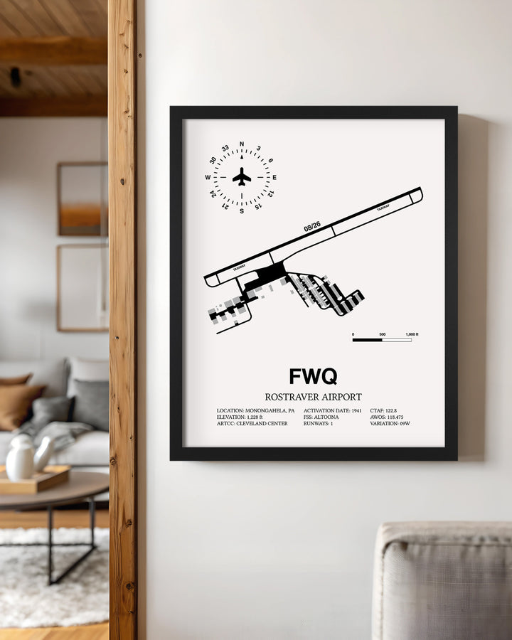 Framed Detailed Airport Map of Rostraver Airport (FWQ) in White with a Black Frame