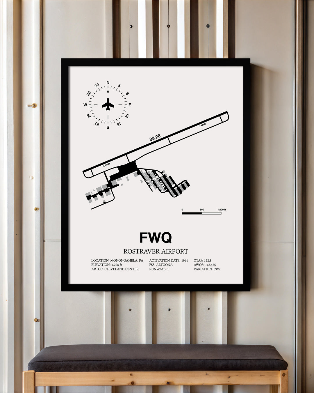 Framed Detailed Airport Map of Rostraver Airport (FWQ) in White with a Black Frame