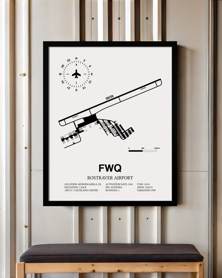 Framed Detailed Airport Map of Rostraver Airport (FWQ) in White with a Black Frame