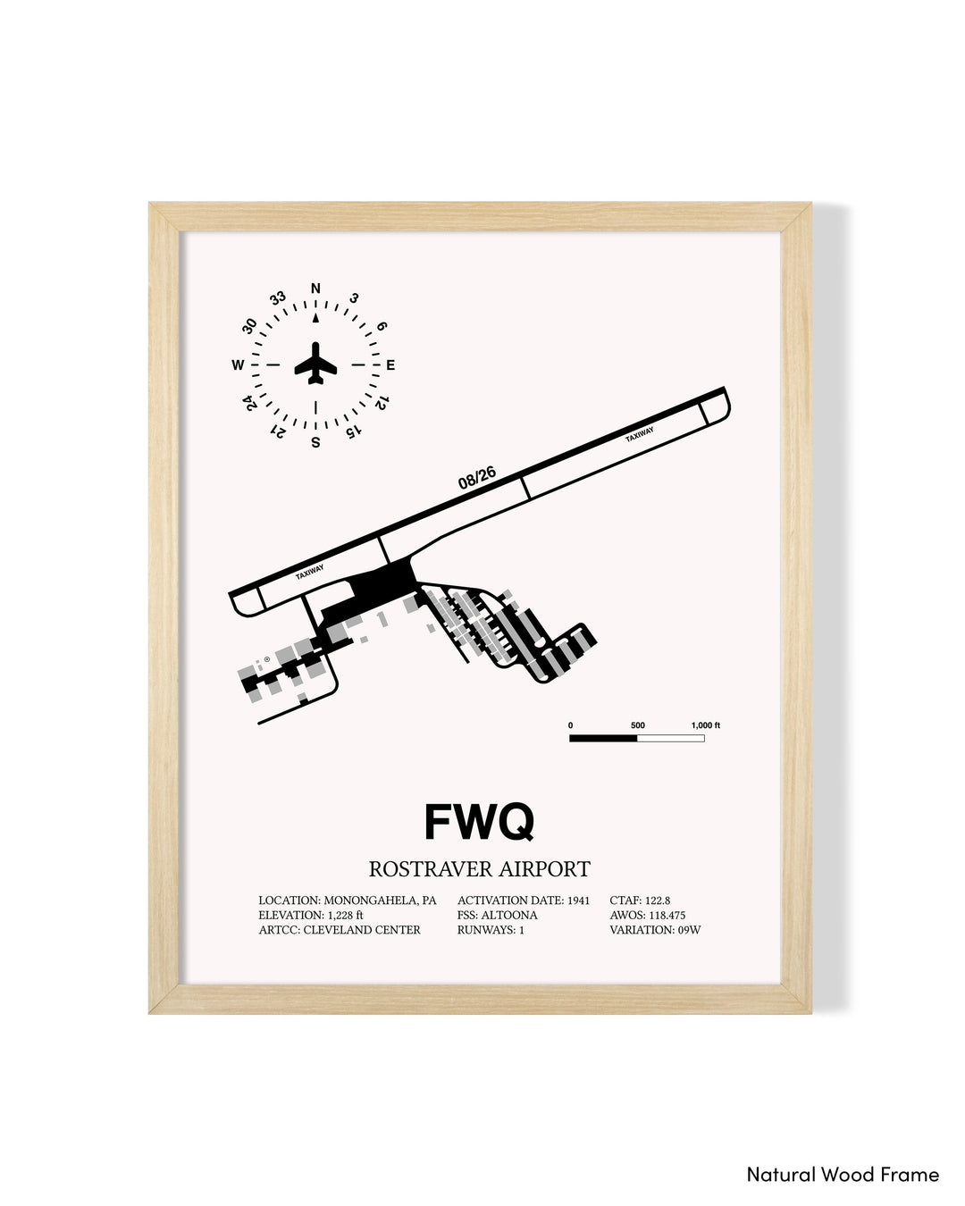 Detailed Airport Map of Rostraver Airport (FWQ) in White with a Natural Frame