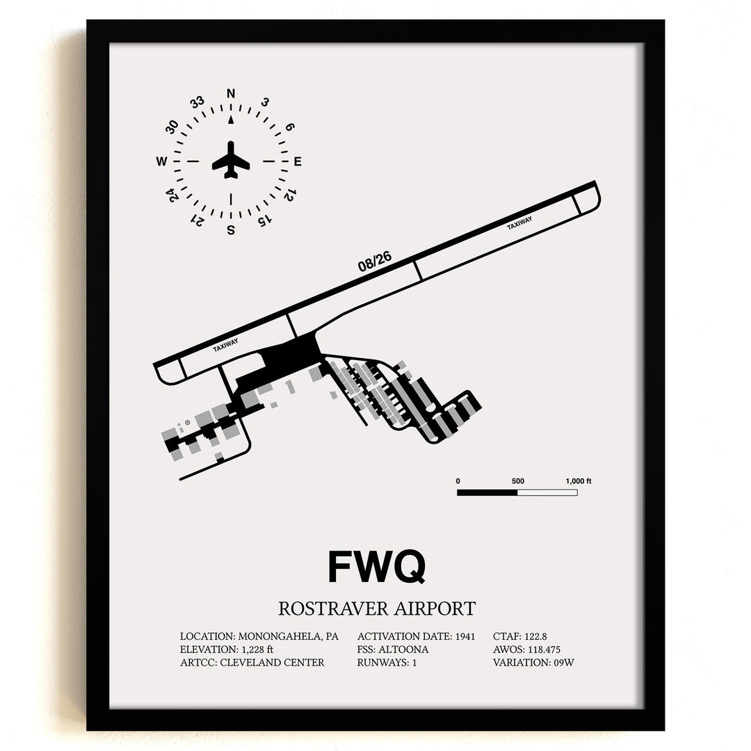 Framed Detailed Airport Map of Rostraver Airport (FWQ) in White with a Black Frame