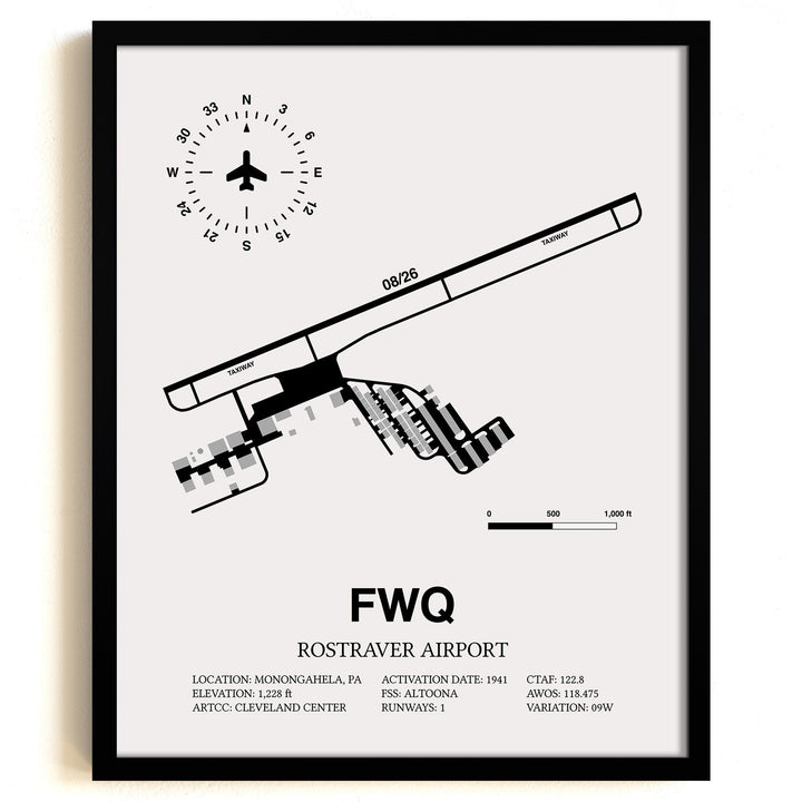 Framed Detailed Airport Map of Rostraver Airport (FWQ) in White with a Black Frame