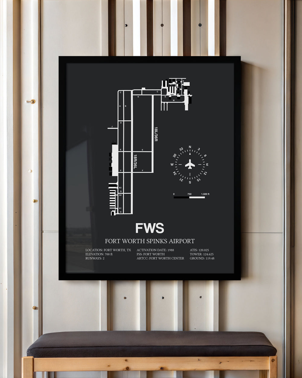 Framed Detailed Airport Map of Fort Worth Spinks Airport (FWS) in Gray with a Black Frame