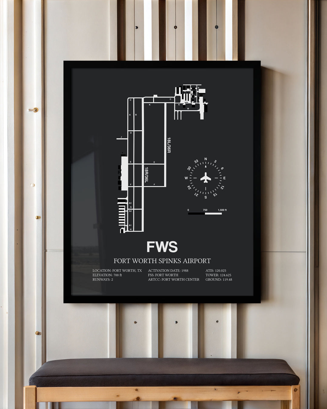 Framed Detailed Airport Map of Fort Worth Spinks Airport (FWS) in Gray with a Black Frame