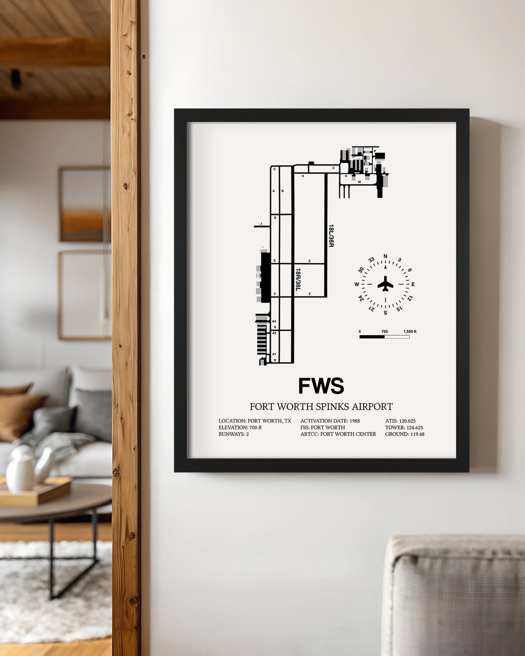 Framed Detailed Airport Map of Fort Worth Spinks Airport (FWS) in White with a Black Frame