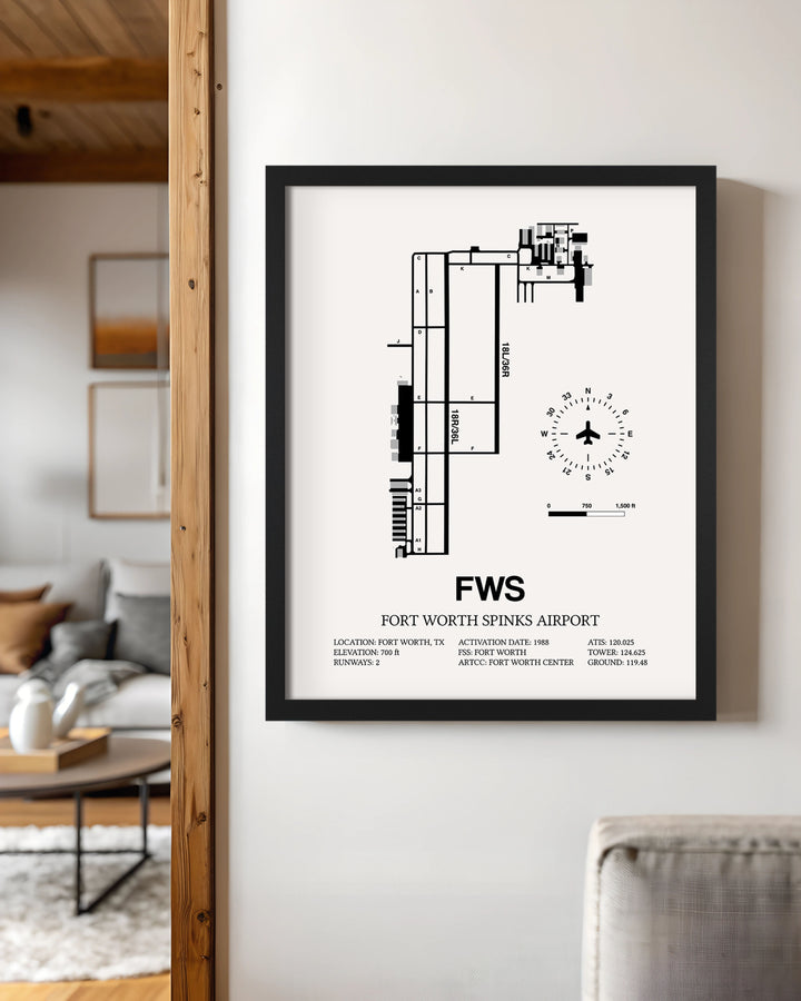 Framed Detailed Airport Map of Fort Worth Spinks Airport (FWS) in White with a Black Frame