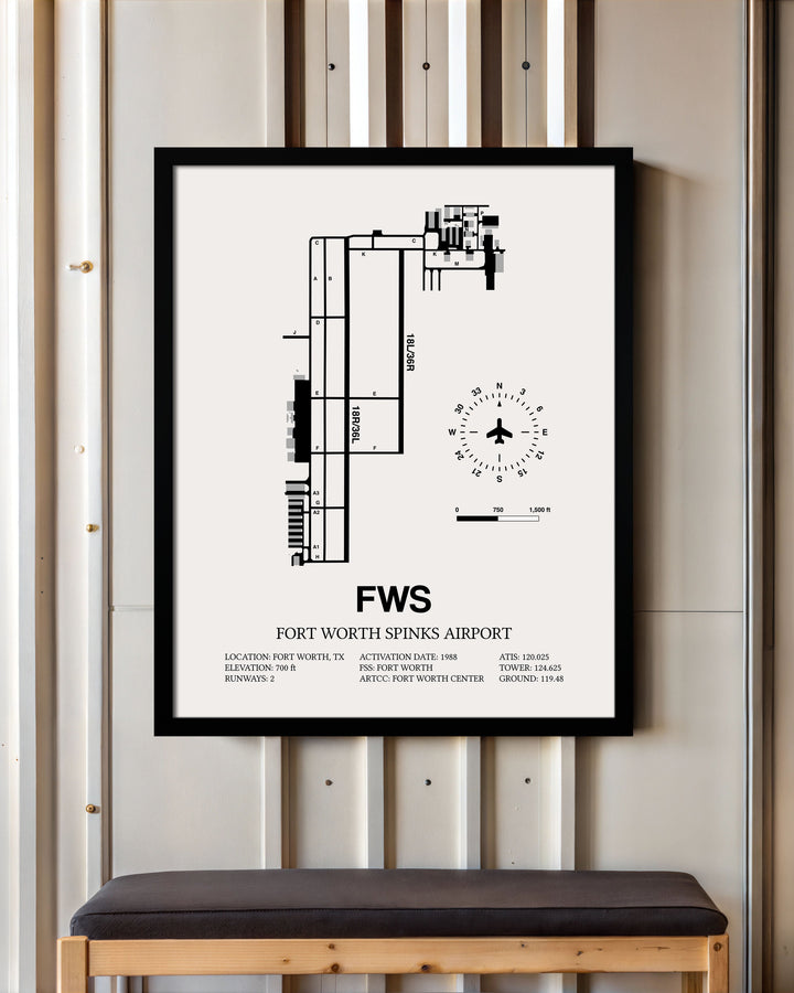 Framed Detailed Airport Map of Fort Worth Spinks Airport (FWS) in White with a Black Frame