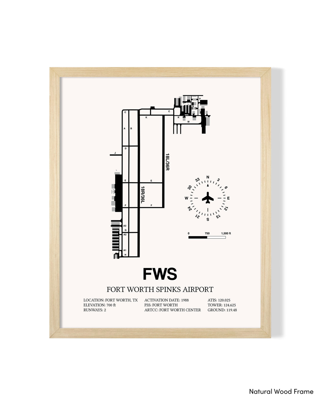 Detailed Airport Map of Fort Worth Spinks Airport (FWS) in White with a Natural Frame