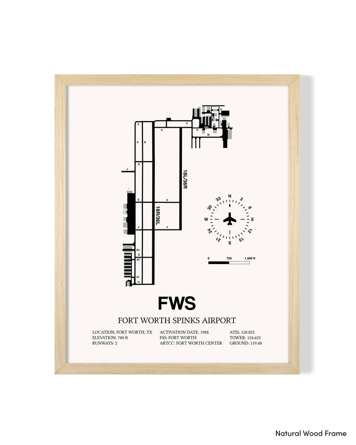 Detailed Airport Map of Fort Worth Spinks Airport (FWS) in White with a Natural Frame