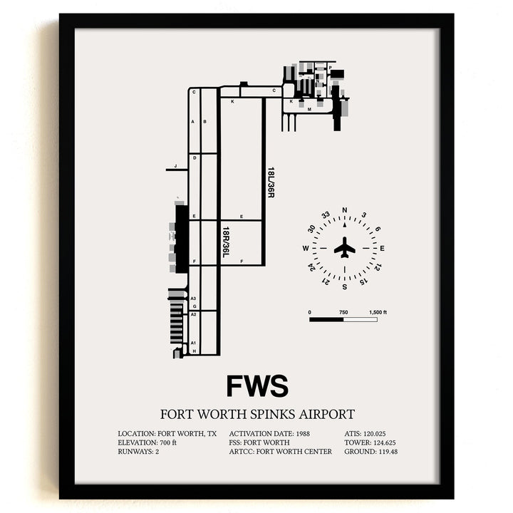 Framed Detailed Airport Map of Fort Worth Spinks Airport (FWS) in White with a Black Frame