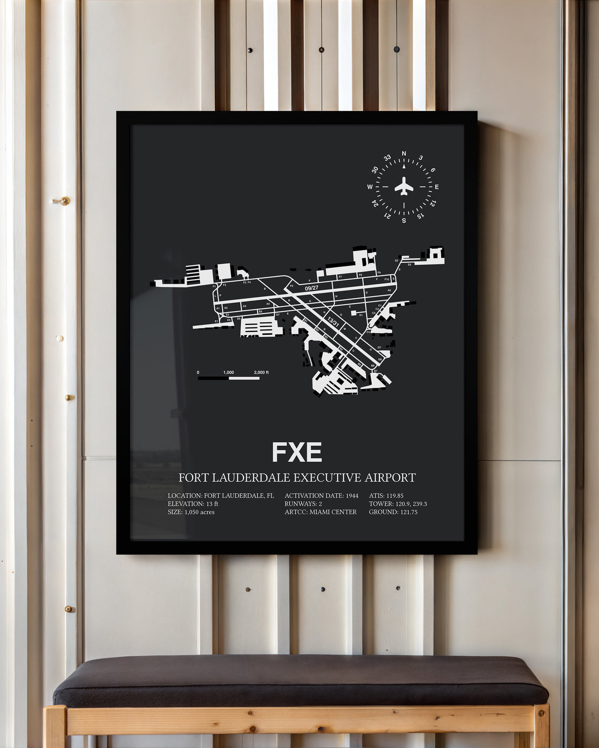 Framed Detailed Airport Map of Fort Lauderdale Executive Airport (FXE) in Gray with a Black Frame