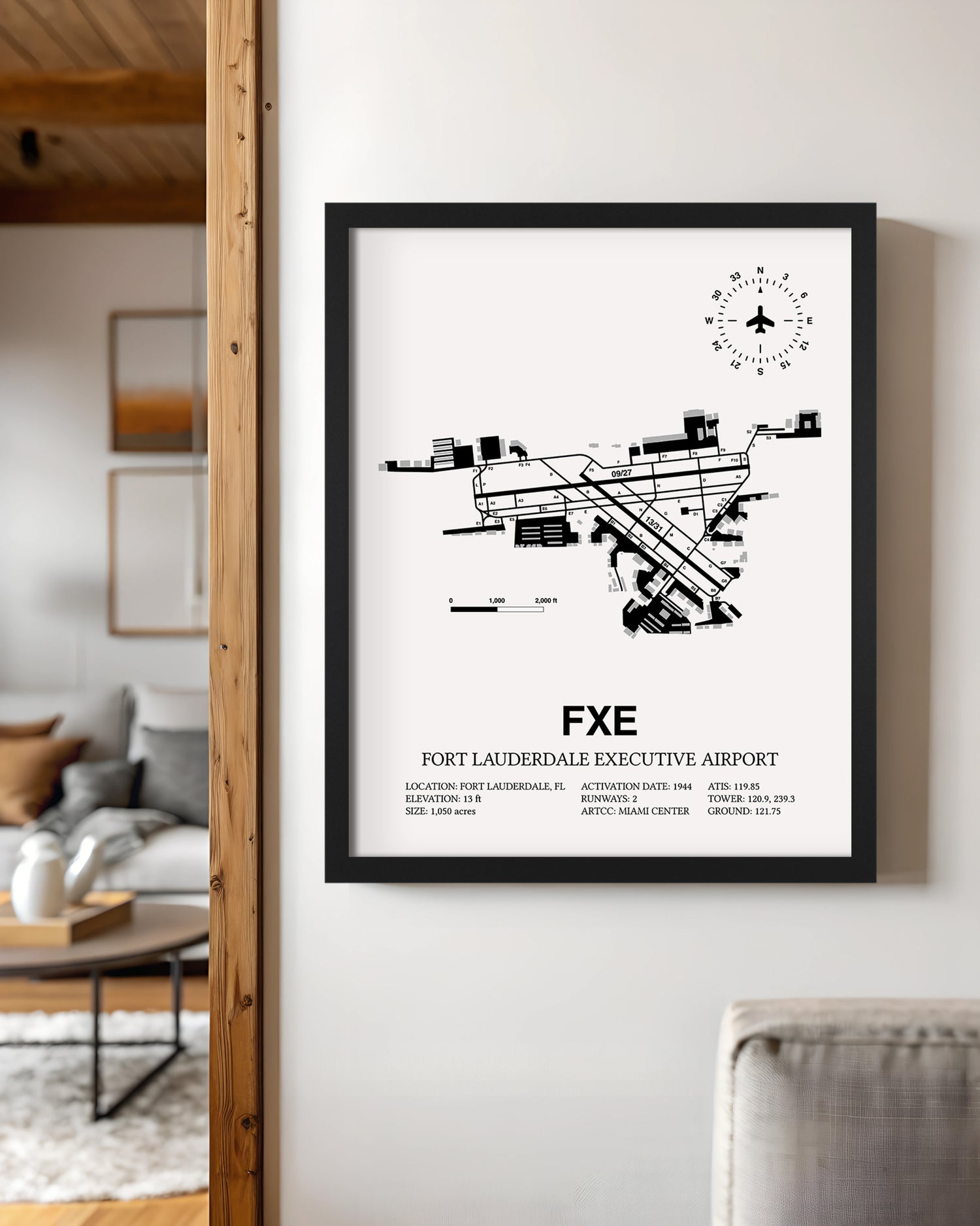 Framed Detailed Airport Map of Fort Lauderdale Executive Airport (FXE) in White with a Black Frame