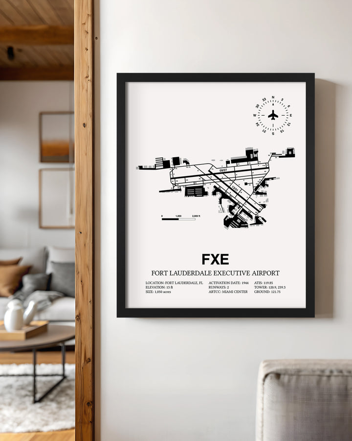 Framed Detailed Airport Map of Fort Lauderdale Executive Airport (FXE) in White with a Black Frame
