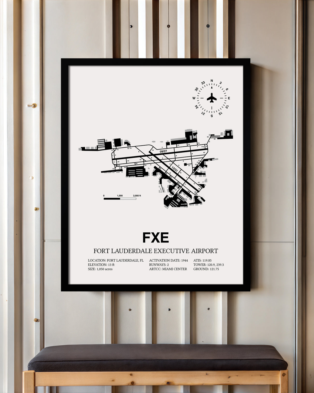 Framed Detailed Airport Map of Fort Lauderdale Executive Airport (FXE) in White with a Black Frame