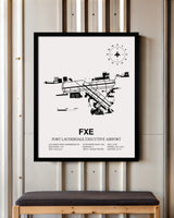 Framed Detailed Airport Map of Fort Lauderdale Executive Airport (FXE) in White with a Black Frame