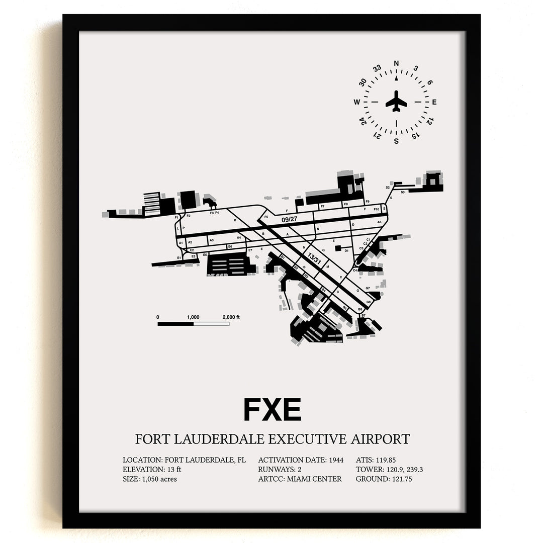 Framed Detailed Airport Map of Fort Lauderdale Executive Airport (FXE) in White with a Black Frame