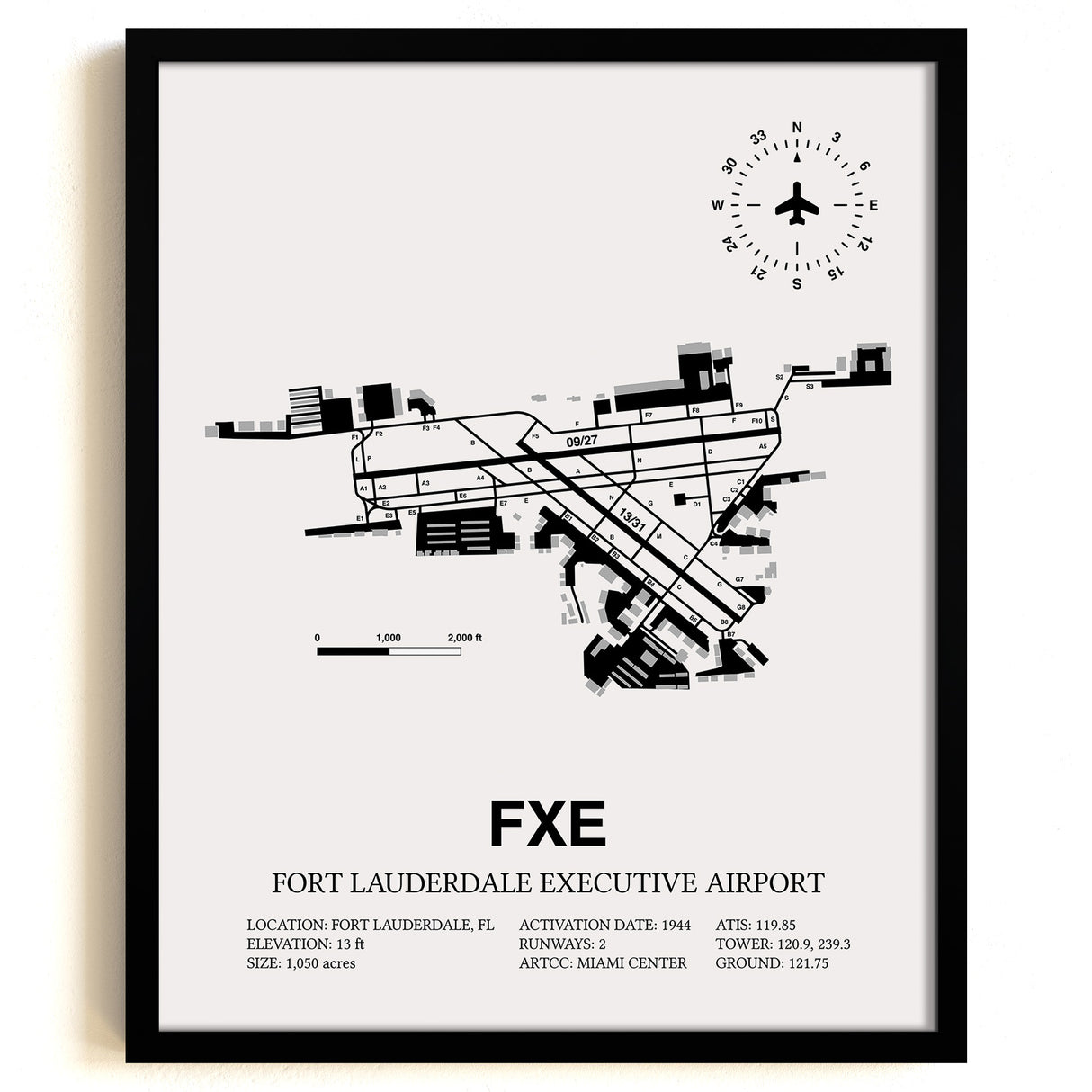 Framed Detailed Airport Map of Fort Lauderdale Executive Airport (FXE) in White with a Black Frame