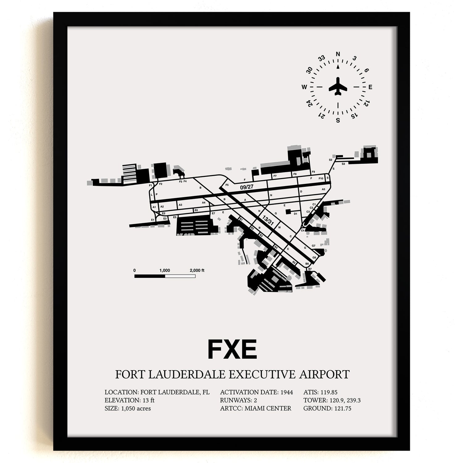 Framed Detailed Airport Map of Fort Lauderdale Executive Airport (FXE) in White with a Black Frame
