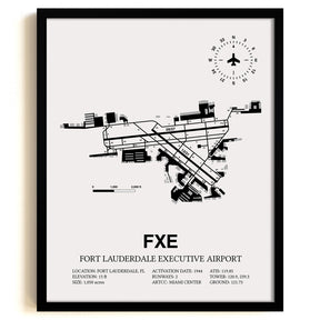 Framed Detailed Airport Map of Fort Lauderdale Executive Airport (FXE) in White with a Black Frame