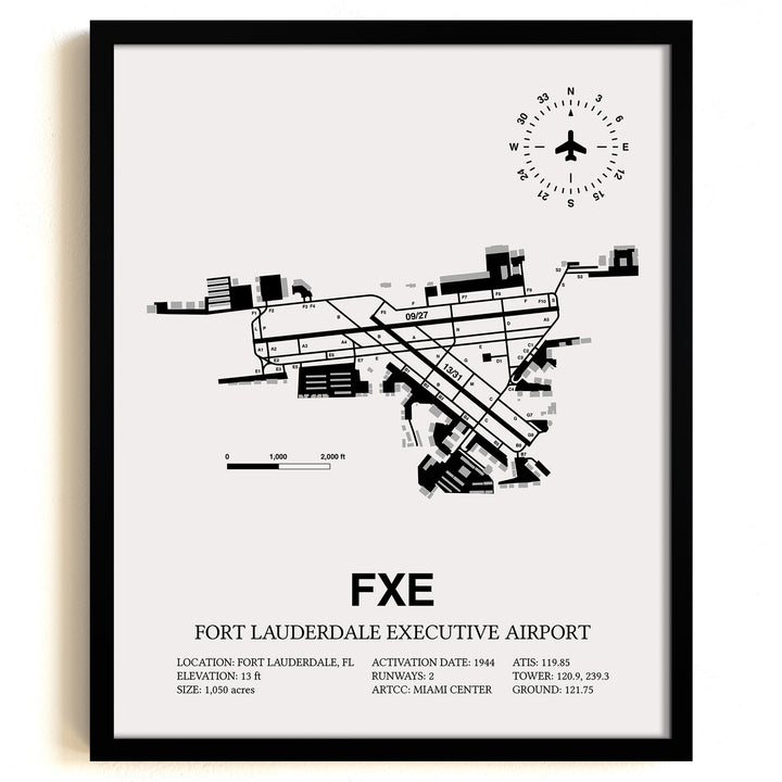 Framed Detailed Airport Map of Fort Lauderdale Executive Airport (FXE) in White with a Black Frame