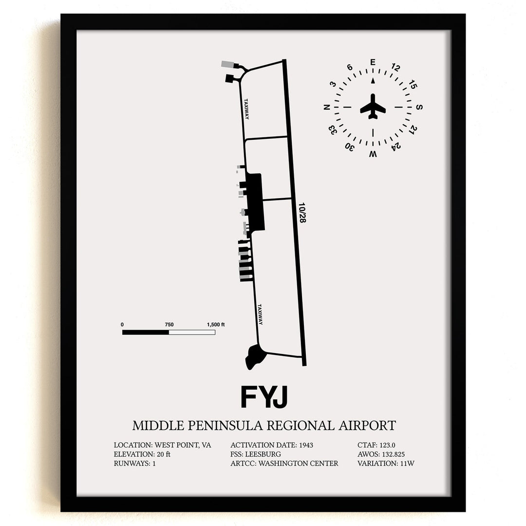 Framed Detailed Airport Map of Middle Peninsula Regional Airport (FYJ) in White with a Black Frame