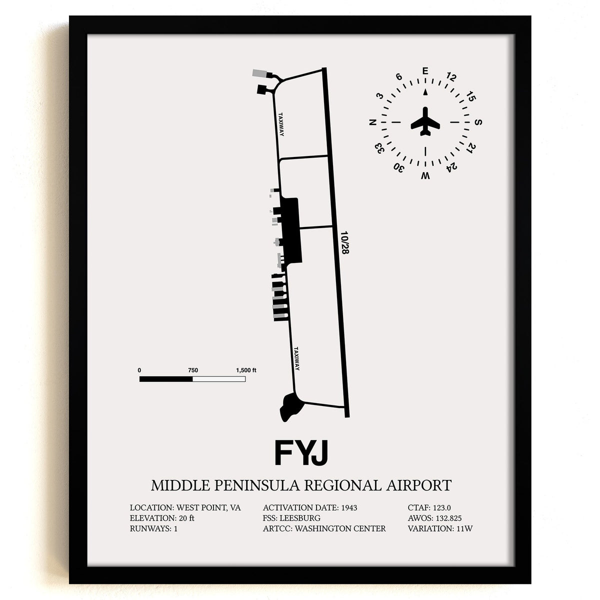 Framed Detailed Airport Map of Middle Peninsula Regional Airport (FYJ) in White with a Black Frame