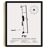 Framed Detailed Airport Map of Middle Peninsula Regional Airport (FYJ) in White with a Black Frame