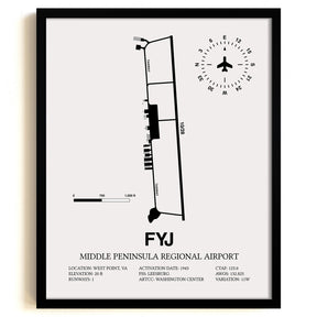 Framed Detailed Airport Map of Middle Peninsula Regional Airport (FYJ) in White with a Black Frame