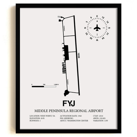 Framed Detailed Airport Map of Middle Peninsula Regional Airport (FYJ) in White with a Black Frame