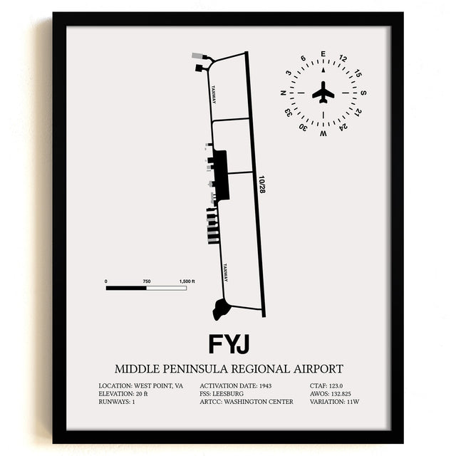 Framed Detailed Airport Map of Middle Peninsula Regional Airport (FYJ) in White with a Black Frame