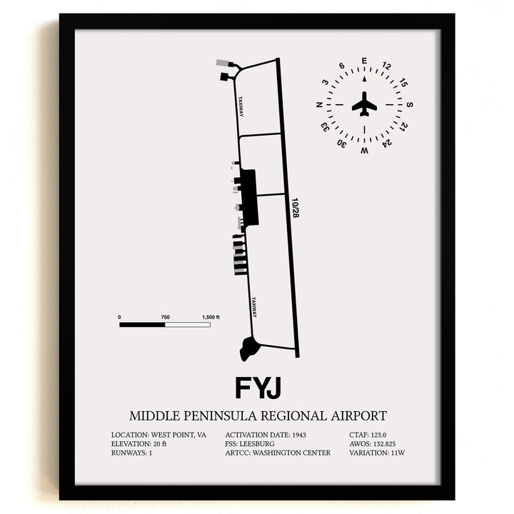 Framed Detailed Airport Map of Middle Peninsula Regional Airport (FYJ) in White with a Black Frame