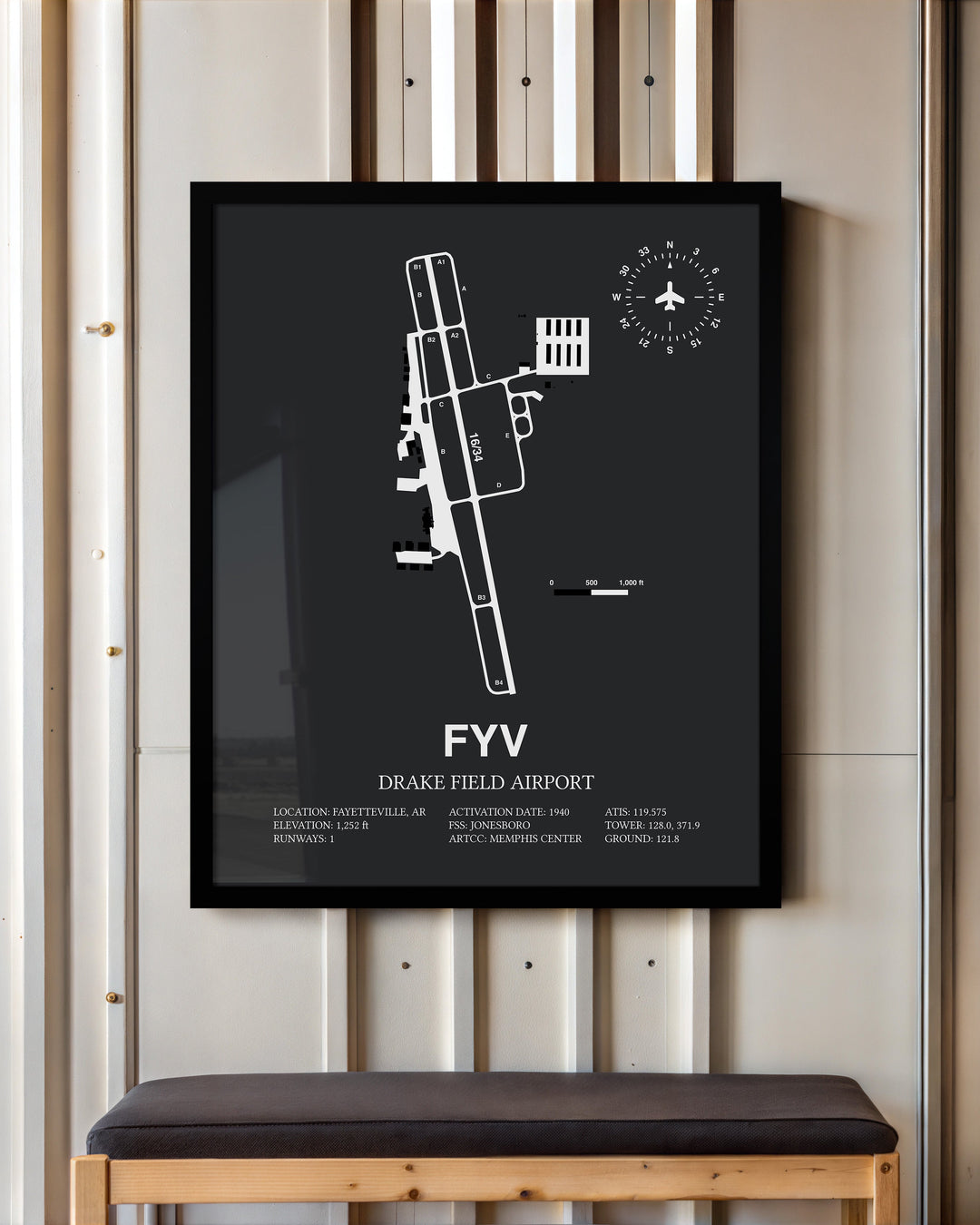 Framed Detailed Airport Map of Drake Field (FYV) in Gray with a Black Frame