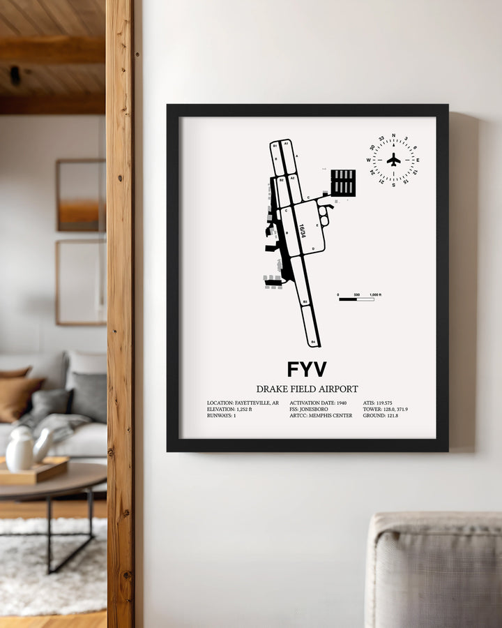 Framed Detailed Airport Map of Drake Field (FYV) in White with a Black Frame