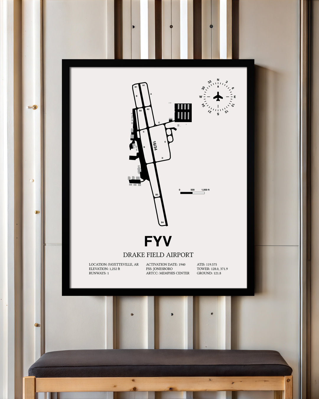 Framed Detailed Airport Map of Drake Field (FYV) in White with a Black Frame