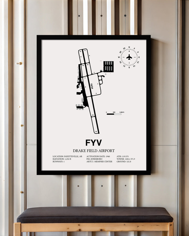 Framed Detailed Airport Map of Drake Field (FYV) in White with a Black Frame
