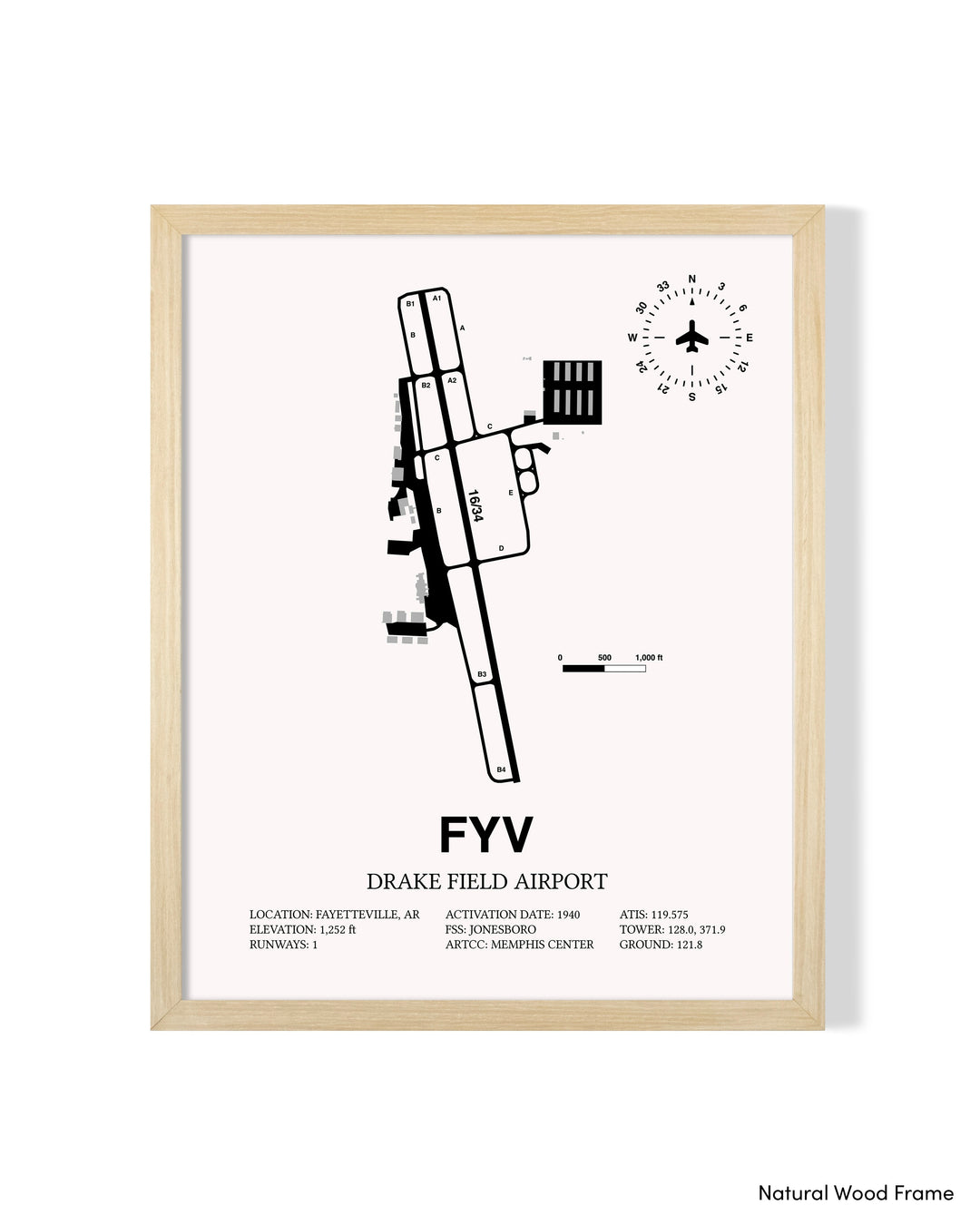 Detailed Airport Map of Drake Field (FYV) in White with a Natural Frame
