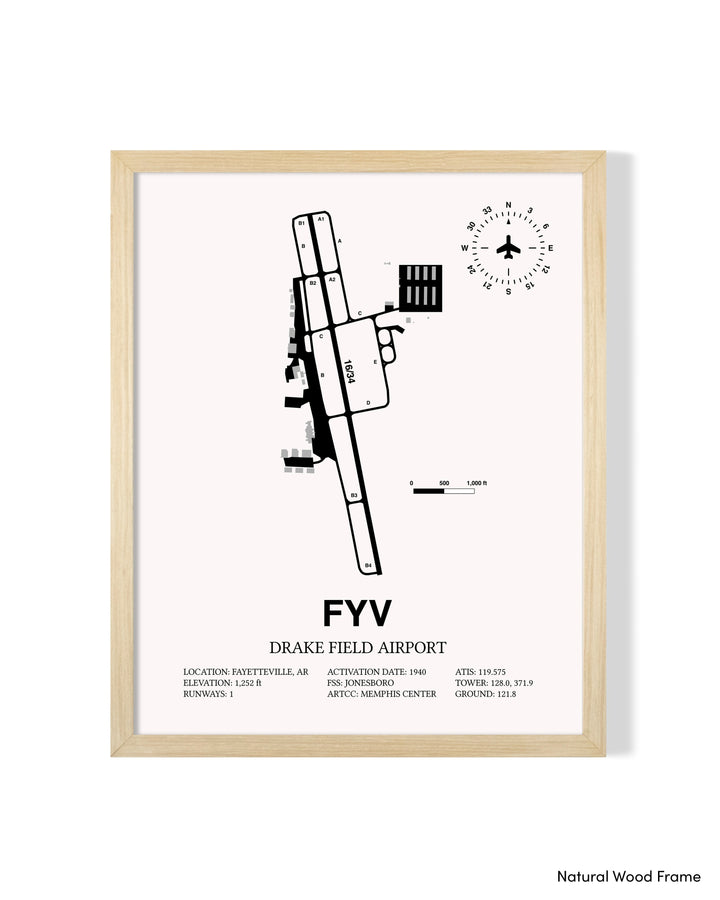 Detailed Airport Map of Drake Field (FYV) in White with a Natural Frame