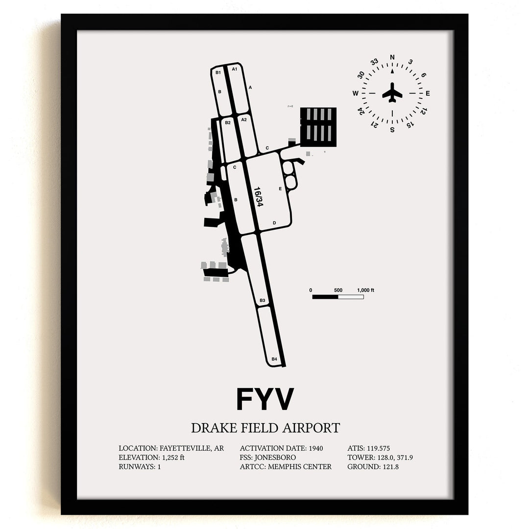 Framed Detailed Airport Map of Drake Field (FYV) in White with a Black Frame