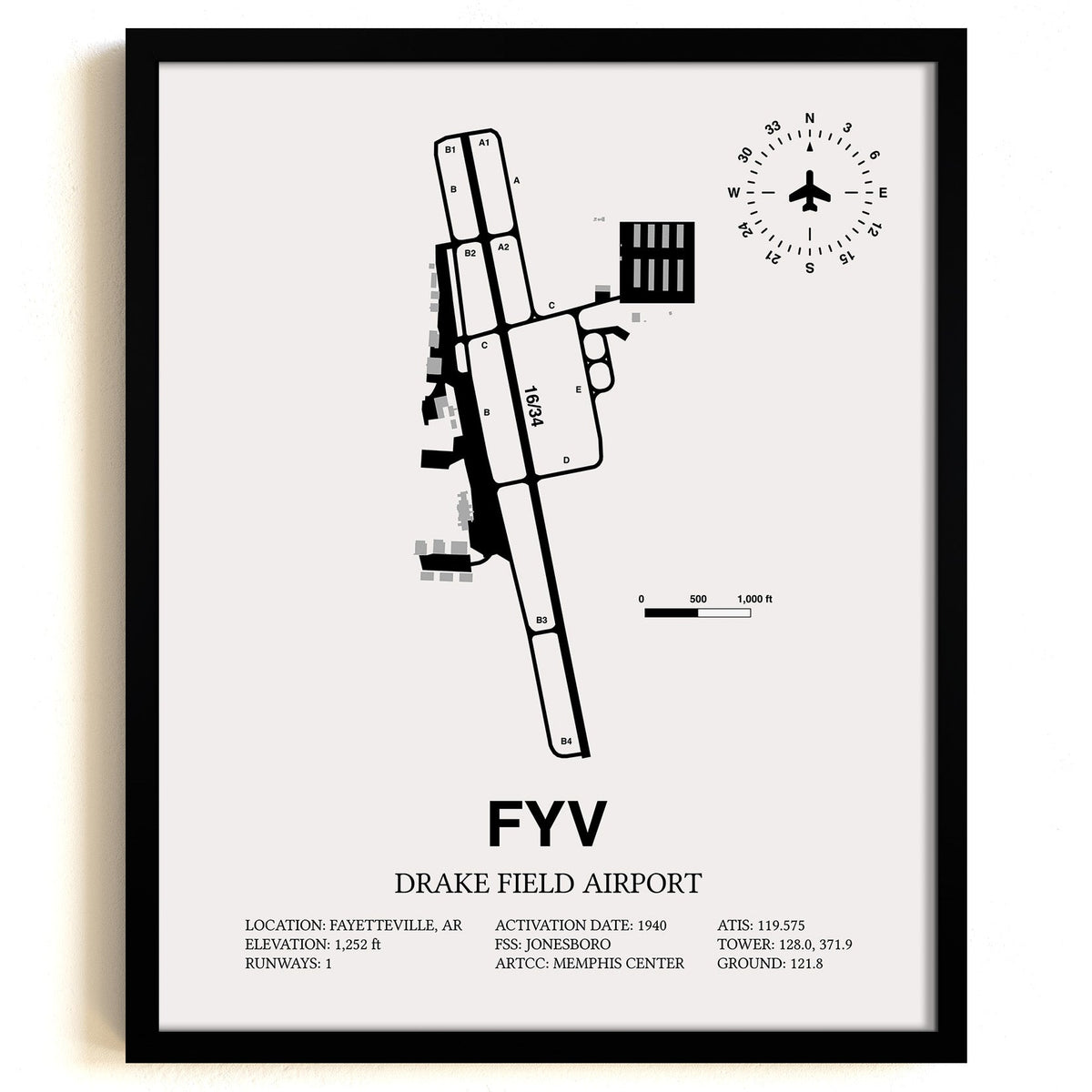 Framed Detailed Airport Map of Drake Field (FYV) in White with a Black Frame