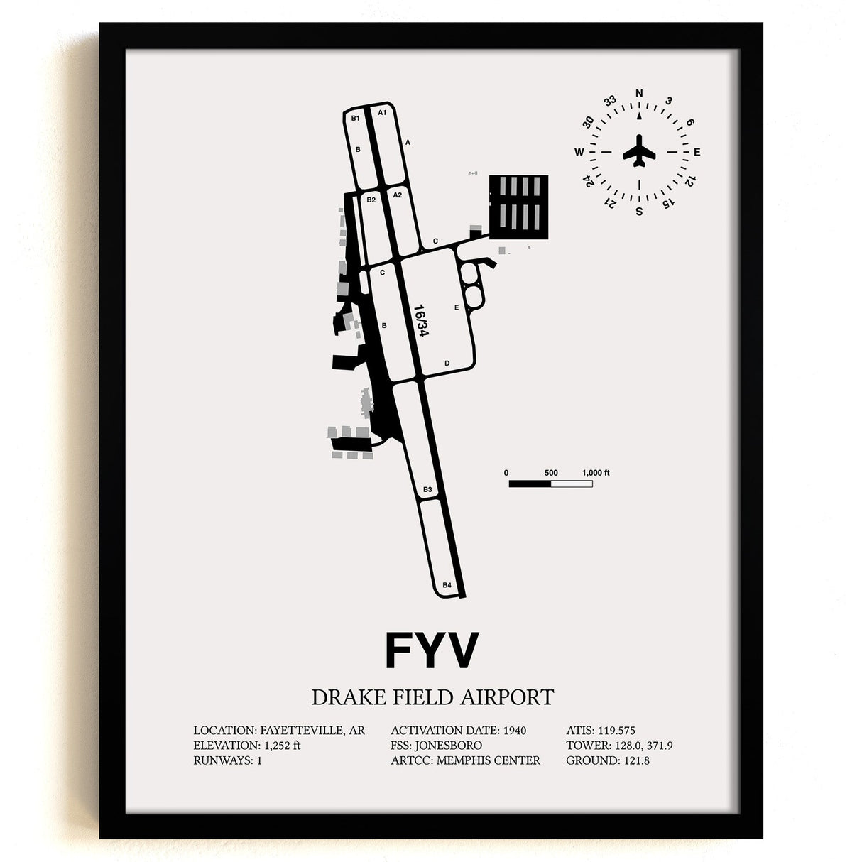 Framed Detailed Airport Map of Drake Field (FYV) in White with a Black Frame