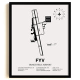 Framed Detailed Airport Map of Drake Field (FYV) in White with a Black Frame