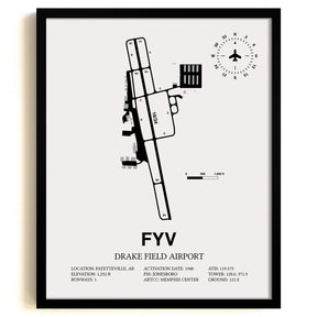 Framed Detailed Airport Map of Drake Field (FYV) in White with a Black Frame