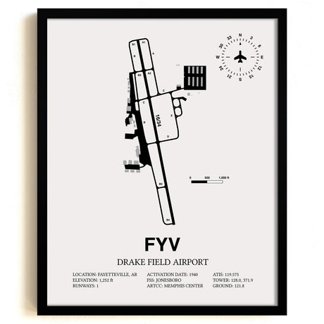 Framed Detailed Airport Map of Drake Field (FYV) in White with a Black Frame