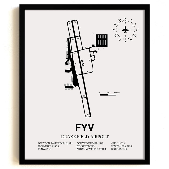 Framed Detailed Airport Map of Drake Field (FYV) in White with a Black Frame
